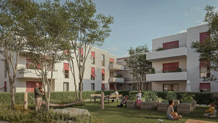 Wohnhausanlage mit Innenhof und Personen