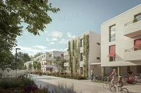 Wohnhausanlage mit barriere freiem Zugang, mit Personen und Fahrrädern